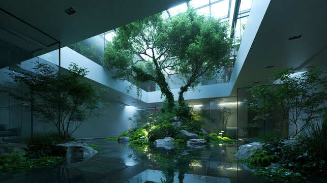 Modern Architecture Indoor Atrium Garden with Large Central Tree