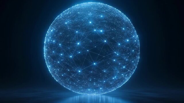 Glowing blue digital network sphere with interconnected points on dark background