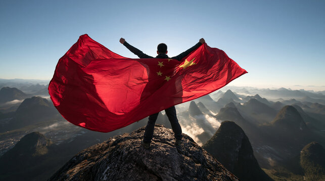 Man Holding Chinese Flag on Mountain Peak at Sunrise