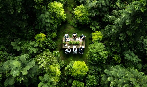 An aerial view shows a business meeting happening around a wooden table in a lush forest.