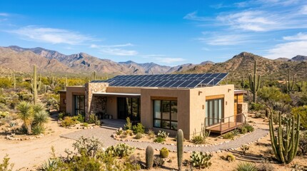 Fototapeta premium Modern eco-friendly house with rooftop solar panels in a arid desert landscape, harnessing abundant clean solar energy for sustainable off-grid living near cacti and mountains.
