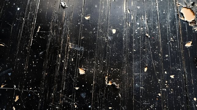Close-up of a weathered black wooden floor showing scratches and peeling paint with light damage.