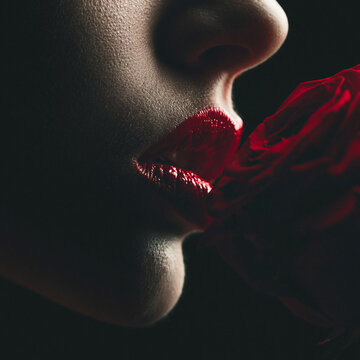 Close up woman red lipstick is very close to red rose , black background  , love and valentime mood.