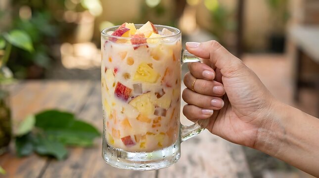 Refreshing Filipino fruit salad drink in a glass mug held by hand.