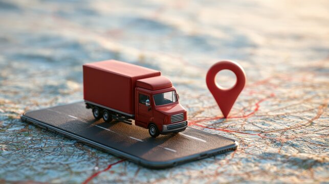 A miniature red truck on a smartphone screen with a map and location pin, symbolizing logistics, delivery, and GPS navigation.
