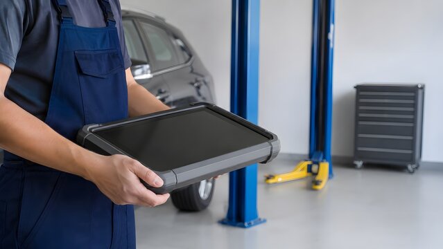 Automotive technician holding a vehicle diagnostic computer tablet in a professional workshop with diagnostic, mechanic
