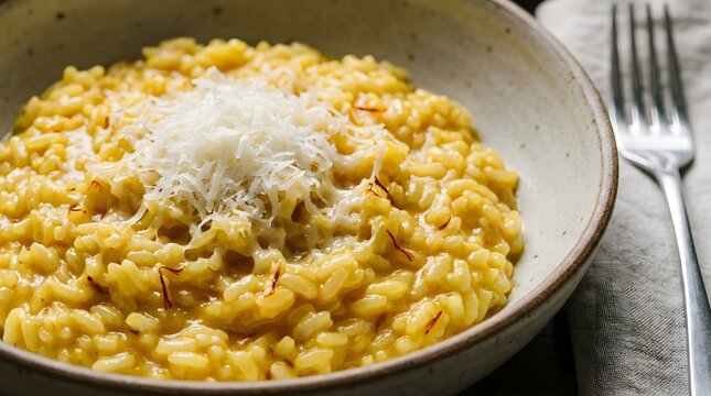 Creamy saffron risotto milanese topped with grated parmesan cheese in ceramic serving bowl.