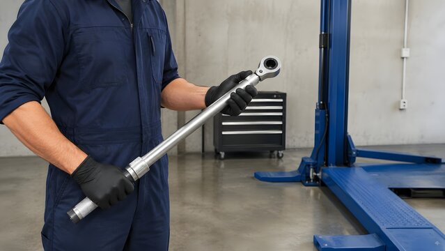 Technician with work gloves holding a large metal torque wrench in an automotive garage mechanic automotive technician