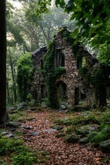 Fototapeta premium Abandoned manor decay in dense woods near the Hudson Highlands, a moody forest scene