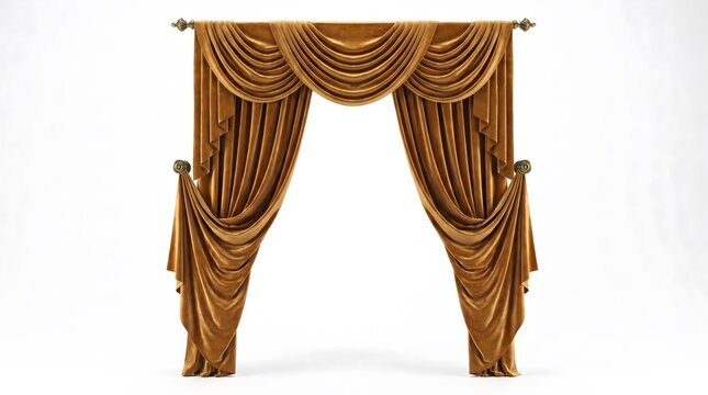 Elegant brown velvet curtains with decorative swags and tassels isolated on a clean white background for interior design