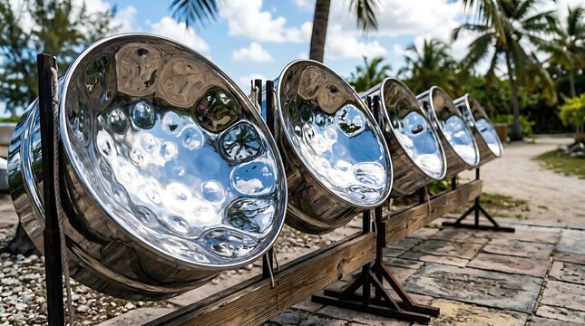 Shiny Steel Pan Drums Standing Outdoors on Tropical Island.