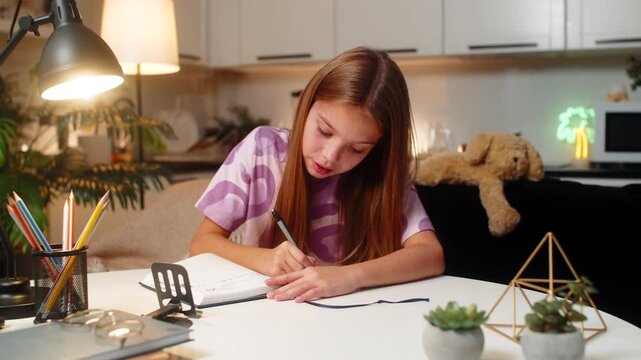Teenager girl at night home writes diary about dreams and plans smiles thinks about goals. Caucasian child kid sitting at table at evening opens book holds pen nods makes plan for next day calmly