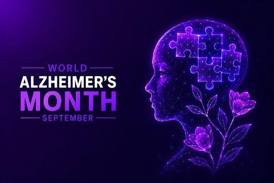 Human head profile silhouette with puzzle pieces and flowers for medical awareness in world alzheimer's month silhouette alzheimer dementia awareness. world alzheimer's month