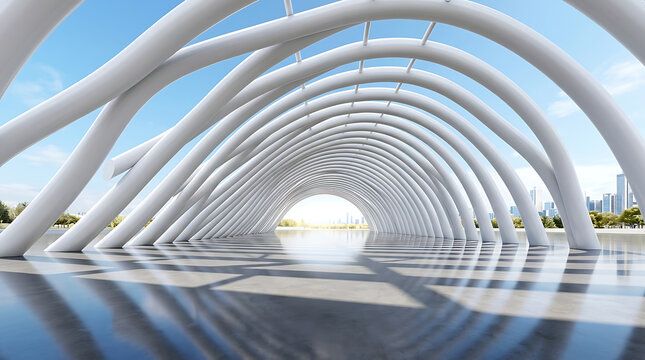Futuristic white arched tunnel architectural structure in bright daylight with architecture