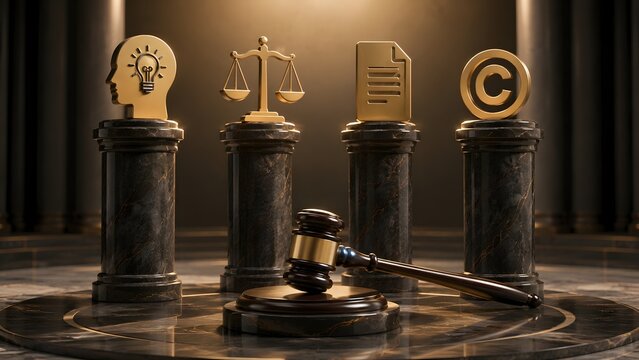 Intellectual property law concept with legal gavel and golden pillars displaying brain scale document and copyright symbols representing legal protection