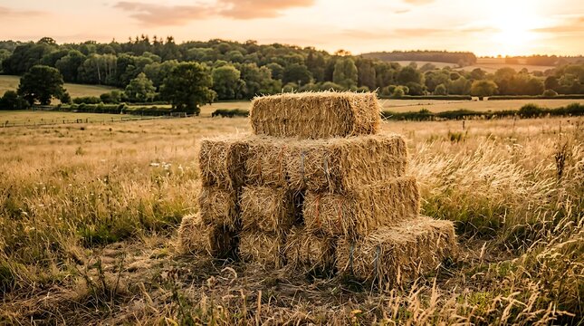 Stacked hay bales in a rural field during golden hour sunset.