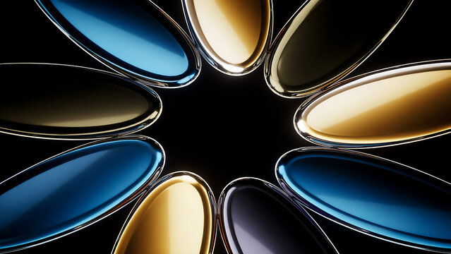 Abstract circle composition of metallic oval shapes with metallic abstract geometric background reflection composition arrangement ornament creative