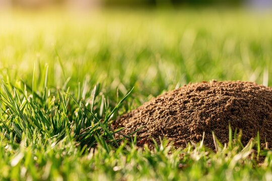 Ant hill resting in bright lawn under natural light with open text area