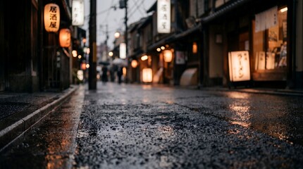 Fototapeta premium Wet Pavement Reflections on a Rainy Night in a Traditional Japanese Street