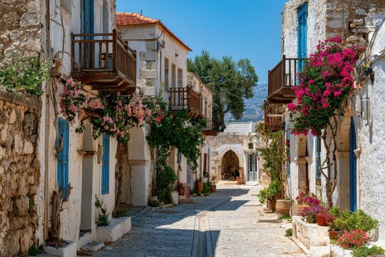 Archanes village, Crete: traditional houses, stone lanes, and bougainvillea under warm Mediterranean light