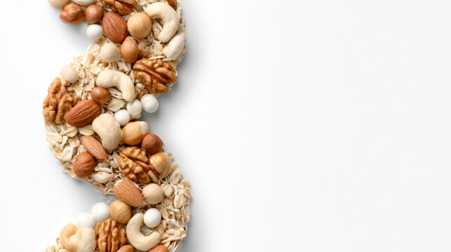 Oats nuts spiral upward white background healthy breakfast walnut almond cashew hazelnut creative upward spiral of oats and mixed nuts including walnut almond cashew and hazelnut white background