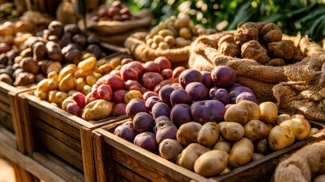 Assorted heirloom potatoes displayed on a sunlit farmers market stall with wooden crates and burlap sacks