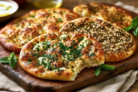 Assorted Manoushe Flatbreads with Zaatar, Thyme, Labneh and Mint on Rustic Board