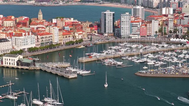 Aerial \iew of Downtown Gijon  - Marina and Boats, Cimavilla Peninsula, and Coastline Cityscape in Asturias, Northern Spain