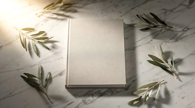 Blank book cover with olive branches and sunlight on marble surface.