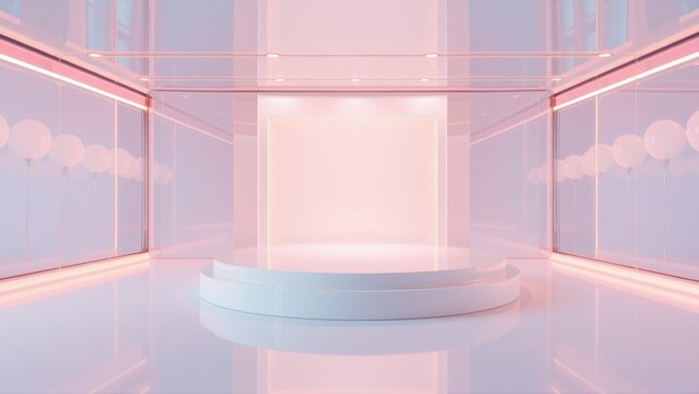 Minimalist stage setup. Pink lighting illuminates circular platform, balloons visible through glass walls. Modern, clean presentation space.