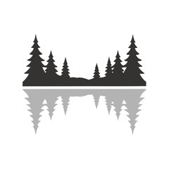 Obraz premium Minimalist Silhouette Landscape of Pine Trees Reflected in Lake Water