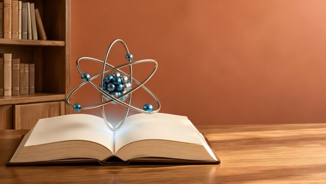 Scientific research physics study featuring glowing atom model floating above open book unlocking academic knowledge