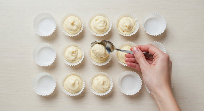 Top view of baker hand spooning raw cake batter into white paper baking cups on light background for homemade dessert recipe preparation concept.