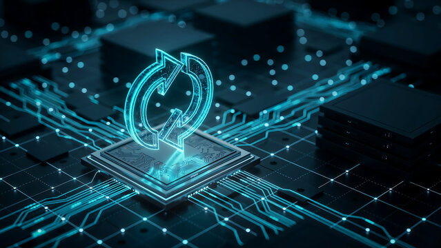 High-tech computer chip with a neon blue glowing refresh symbol overlay technology processor electronics computer hardware motherboard semiconductor innovation connectivity abstract
