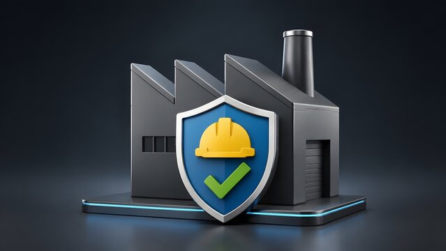 Industrial factory safety compliance shield integrating hard hat establishing secure manufacturing plant operations and occupational health
