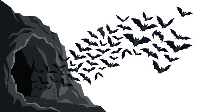 Spooky swarm of bats flying out of a dark cave, black bat silhouettes in flight, eerie Halloween background vector with rock cavern entrance