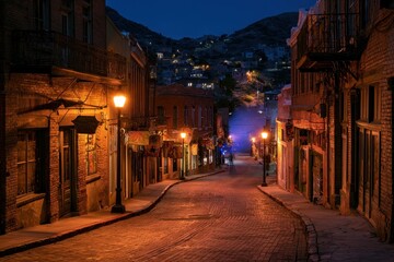 Fototapeta premium Bisbee Nightscape: Moonlit Streets, Colorful Signs, and Rustic Southwest Architecture
