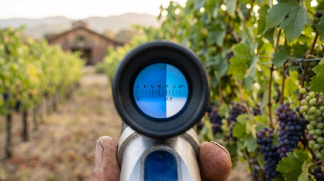 Winemaker using refractometer to measure grape sugar content in vineyard