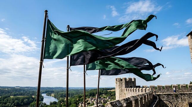 Tattered green and black flags flying over a historic medieval castle.