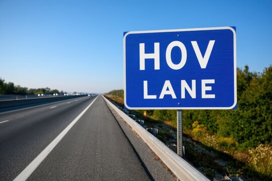 Blue roadside sign marking HOV entry on a sunny freeway