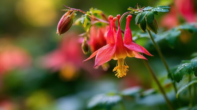 Botanical image of Aquilegia canadensis at the woodland edge with a soft background