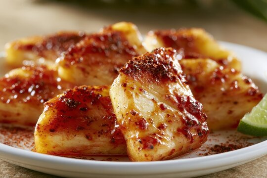 Bright pineapple wedges with chamoy glaze and chili dust on a white plate