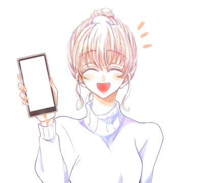 スマホを見せる女性　笑顔