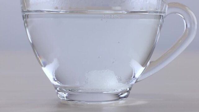 Macro View of Sugar Cube Dissolving in Glass Cup of Water