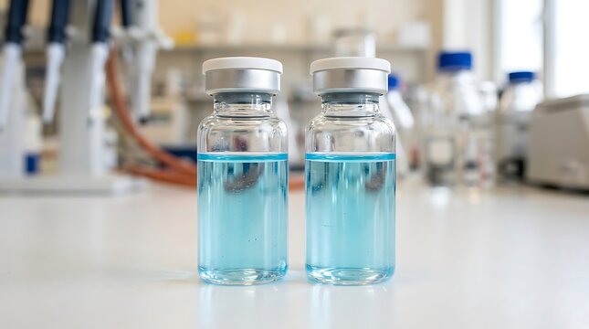 Two glass medical vials with blue liquid on a laboratory bench.