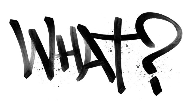 What graffiti tag features brush stroke hand style typography lettering on transparent background layout. Urban street art calligraphic question wordmark concept for apparel clip art.