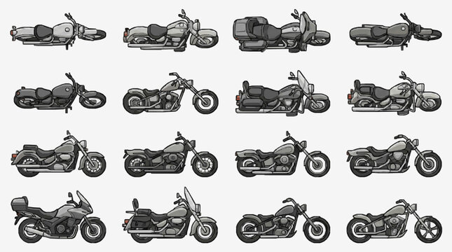 Elegant Collection of 16 Stylish Motorcycle Illustrations in Monochrome and Shaded Gray Tones Showcasing Diverse Designs