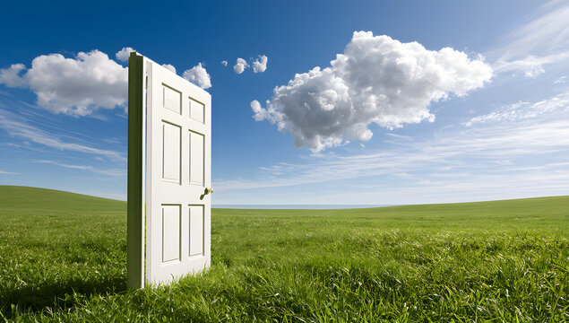A detailed sketch of summer landscape with an open door, green grass, and floating cloud formations