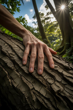 Forest bathing shinrin yoku improve well being and relieve stress, touch bark trees AI Generative