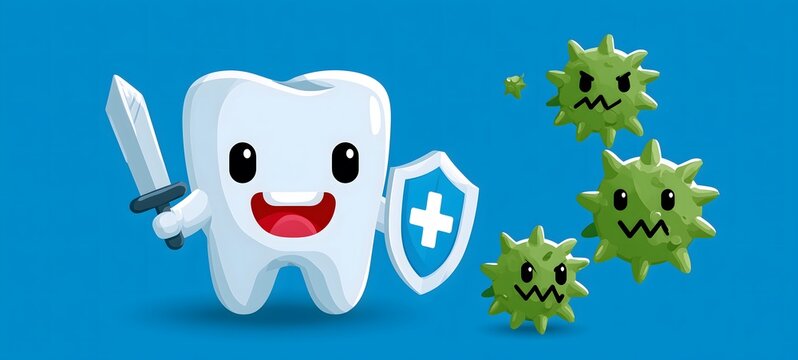 Cartoon tooth warrior protecting oral health, fighting harmful bacteria and disease causing germs